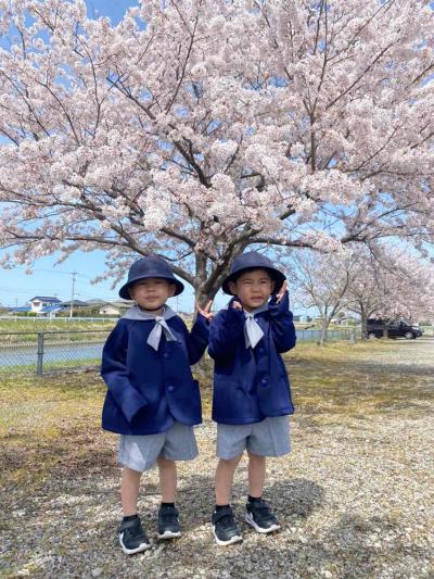 桜の木の下に双子の子どもが立っている写真